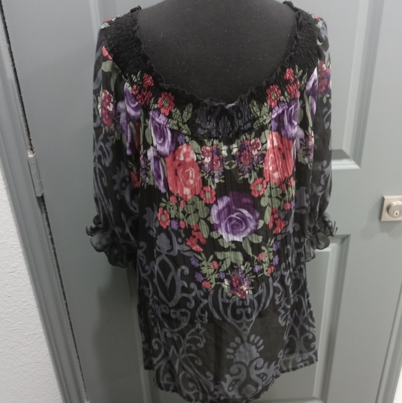 The Avenue Sheer Black Floral Multi Long Sleeve Button Front Ruffle at Neckline - Picture 3 of 8